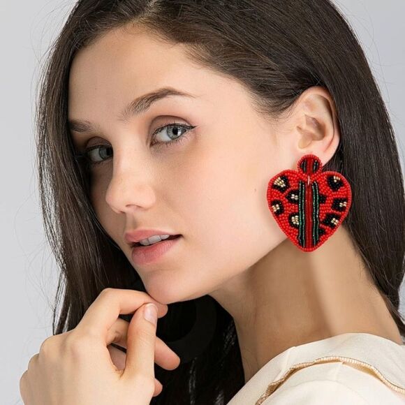 Red and Multicolor Beaded Boho Heart Leopard Print Dangling Post Back Earrings - Picture 6 of 7